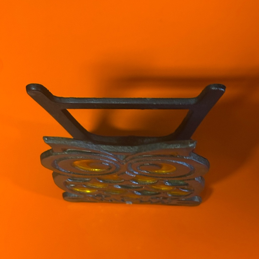 Vintage 1960s-70s Owl Stained Glass Cast Iron Napkin Holder Retro 5.5" - Picture 7 of 8